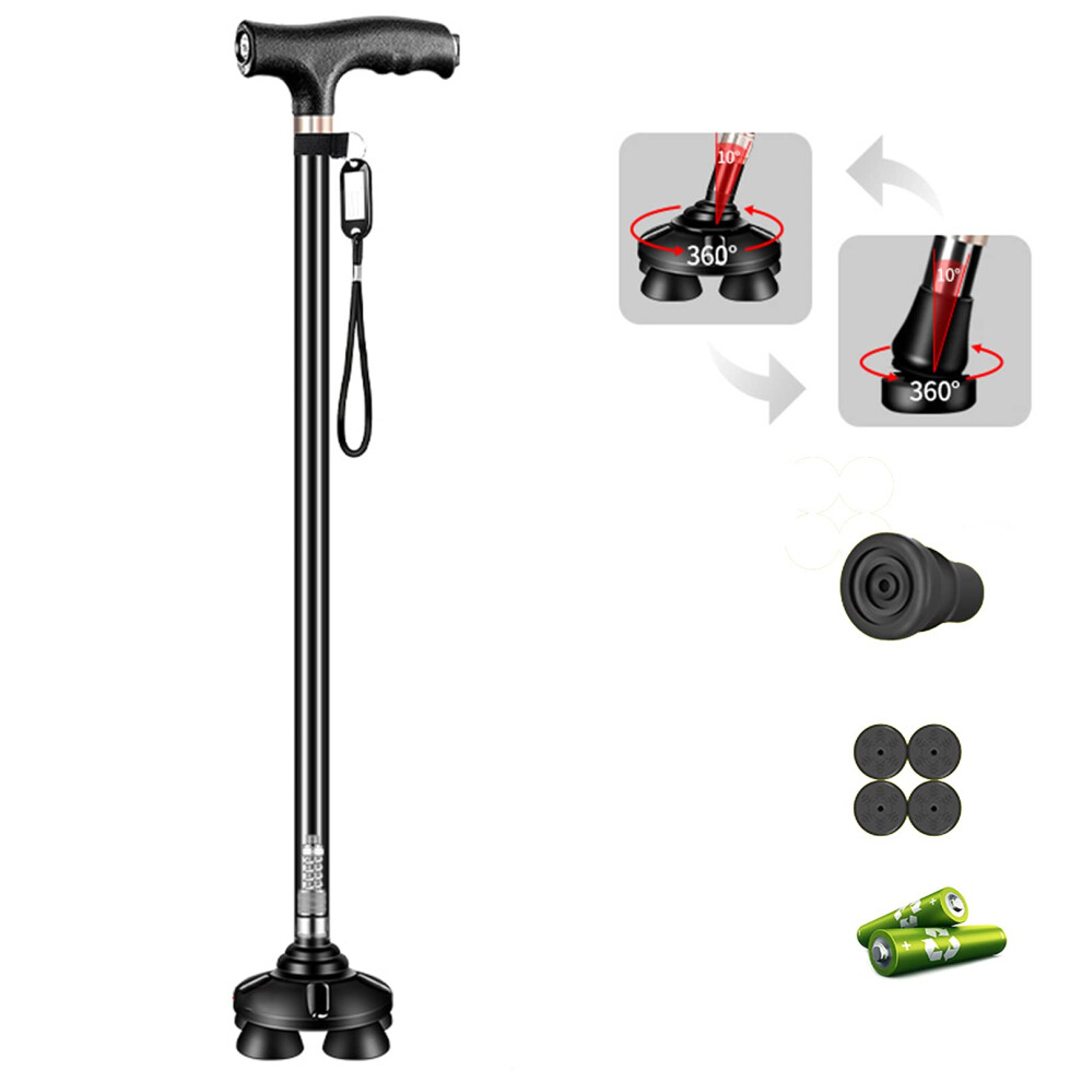 Light/Black Adjustable Walking Cane With Led 4Pronged Quad Base, 10Level Height, Pivot Tip,