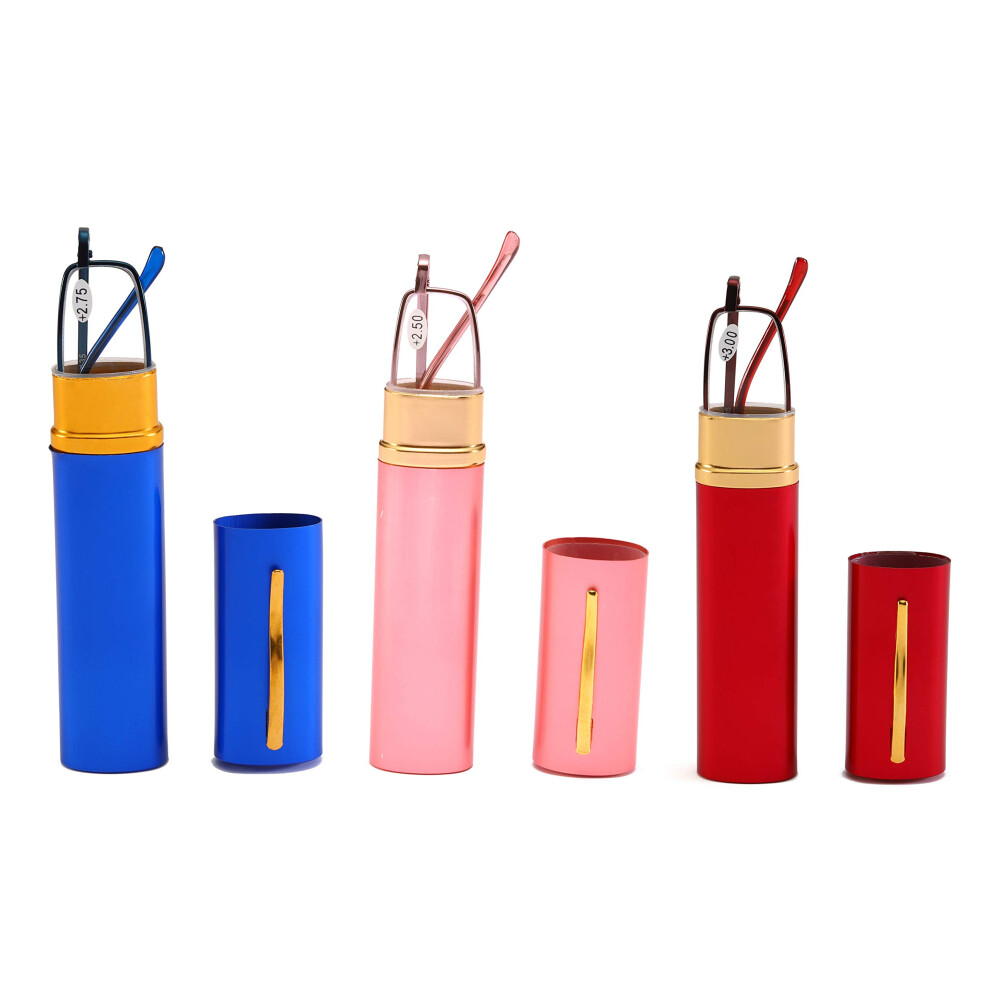 Blue/Pink/Red 3 Pack Compact Reading Glasses +1.5X Unisex Lightweight Readers With Pen Clip Tube Case