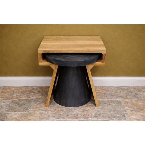 Mango Wood Side Tables Set of 2 | Square & Round Rustic Design 1
