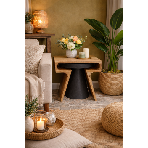 Mango Wood Side Tables Set of 2 | Square & Round Rustic Design 2