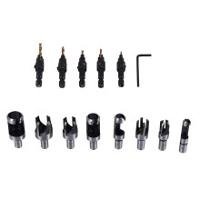 14 Pcs Wood Plug Hole Cutter Chamfered Plug Cutter Drill Bits Five-Slot Countersink Drill 1/4 Inch Hex Spanner Tool Set