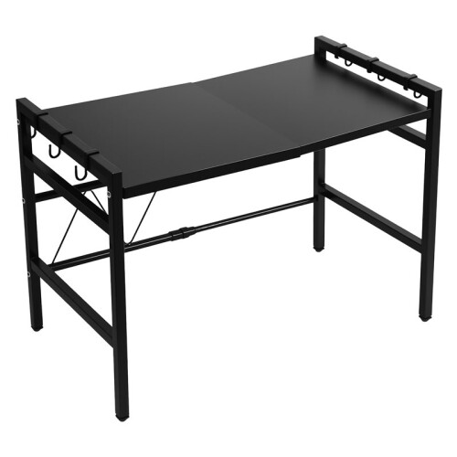 Microwave Shelf 3-Tier Extendable Worktop Shelves with 6 Hooks, Kitchen Shelf, Spice Rack Black