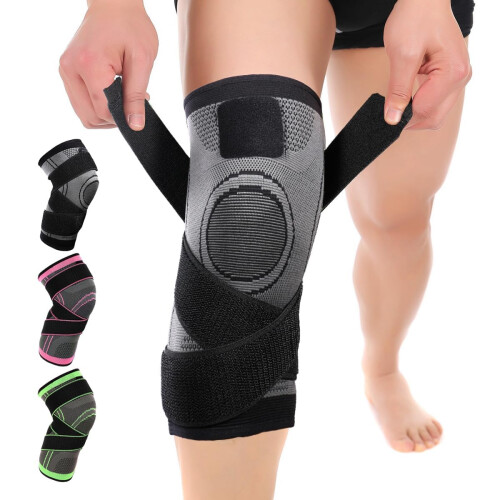 XL Grey Knee Compression Sleeve with Adjustable Strap for Pain Relief, Arthritis, Running