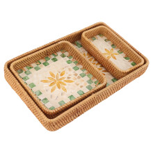 3-Pcs Rectangular Rattan Tray Green Leaves Yellow