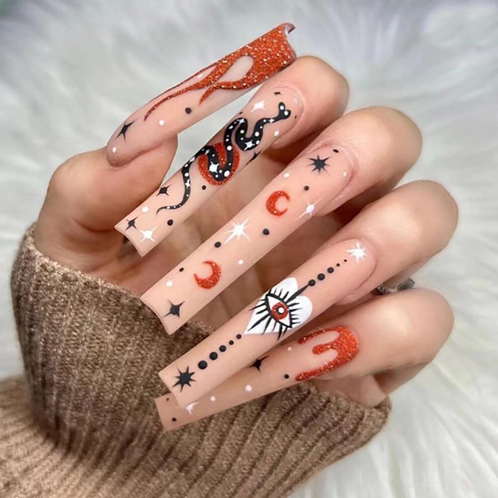 Extra Long Press On Nails Set Ballet Coffin Acrylic False Nails Colorful Printed Finish 24Pcs