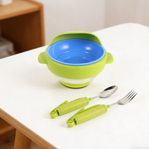 1Set Weighted Adaptive Utensils Set Green - Anti-Shake Spoon Fork Bowl 2