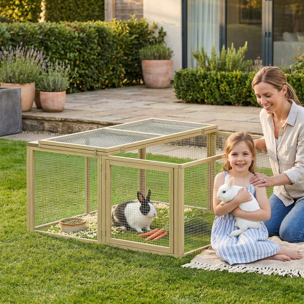 Pawhut Rabbit Hutch, Folding Wooden Rabbit Run With Openable Top, Natural