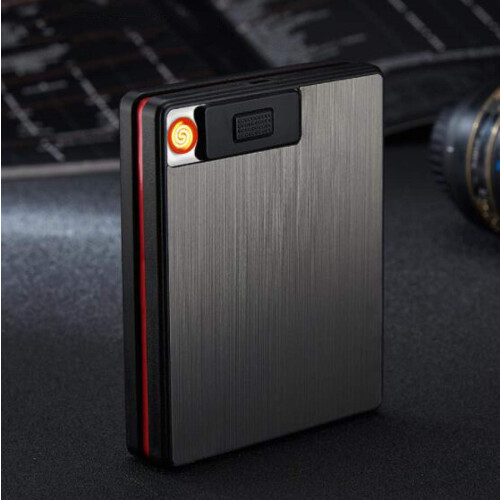 Rechargeable Cigarette Case with Electric Lighter, USB Power, Moistureproof Aluminum Shell, Black