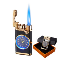 Windproof Torch Lighter with Watch, Refillable Butane Jet Flame for BBQ and Camping, Frosted Black Gift Box