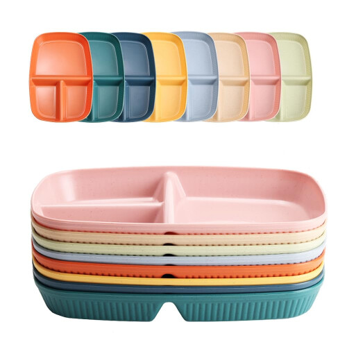 8 Pack Divided Plates, 3 Compartment Unbreakable Plastic Dinner Plates for Portion Control, Reusable Wheat Straw Dishware
