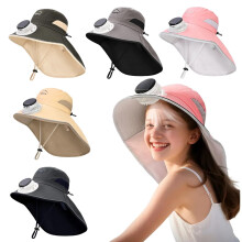 Solar Powered Fan Hat for Kids UPF 50+ Sun Protection Wide Brim Cap with Detachable Neck Flap Navy Blue