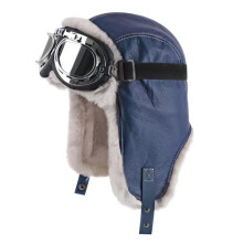 Men's Winter Leather Aviator Hat with Goggles, Fur Lined Trapper Pilot Cap for Cold Weather Hunting Blue