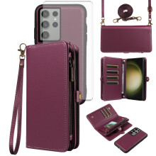 Leather Zipper Wallet Case with Detachable Magnetic Back Cover and Crossbody Strap for Samsung Galaxy S23 Ultra
