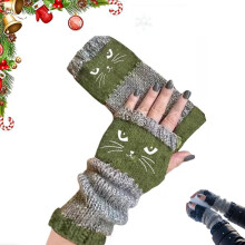 Cute Cat Fingerless Gloves for Women, Warm Knitted Touchscreen Winter Gloves Green