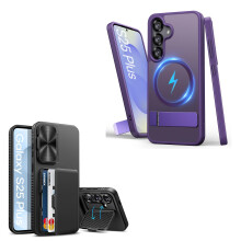 Case with Hidden Card Holder, 180 Metal Kickstand, Camera Cover, Rugged Wallet Protection for Samsung Galaxy S25 Plus