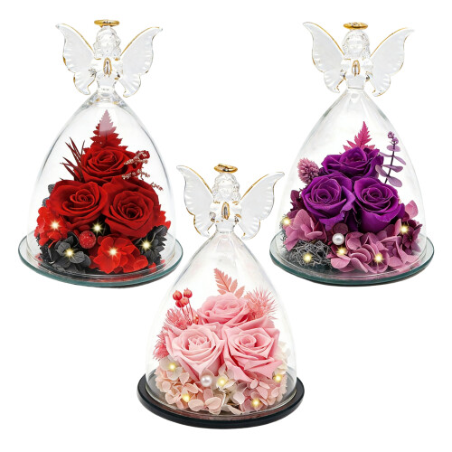 Engel-Glaskuppel, konservierte Rose, Weihnachtsgeschenk für-Rot 1