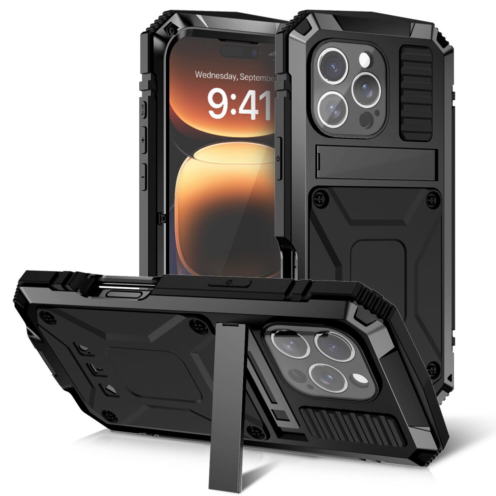 Rugged Case With Kickstand And Screen Protector, Metal Armor 360 Fullbody Protection For Iphone 16 Pro Max Black 9771547712275