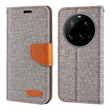 Wallet Case PU Leather Oxford Fabric Flip Cover with Magnetic Closure Card Slots Shockproof Protection Grey for Xiaomi Mi 15 Ultra