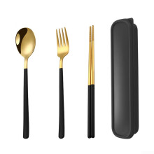 Rust Resistant Stainless Steel Portable Cutlery Set with Spoon Fork Chopsticks for Travel and School Black Gold