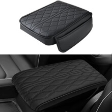 PU Leather Car Armrest Cover with Non Slip Base, Comfortable Cushion and Side Pocket for Cars SUVs Trucks Black 12.6x8.7x2