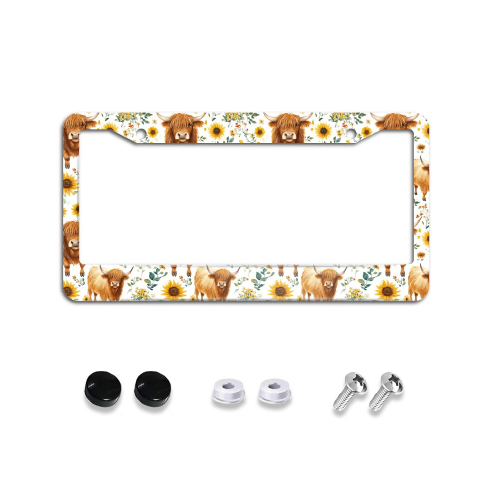 Highland Cow Sunflower License Plate Frame, Durable Aluminum Car Accessory, Universal Fit, Gift For Women And Men 9073542862901