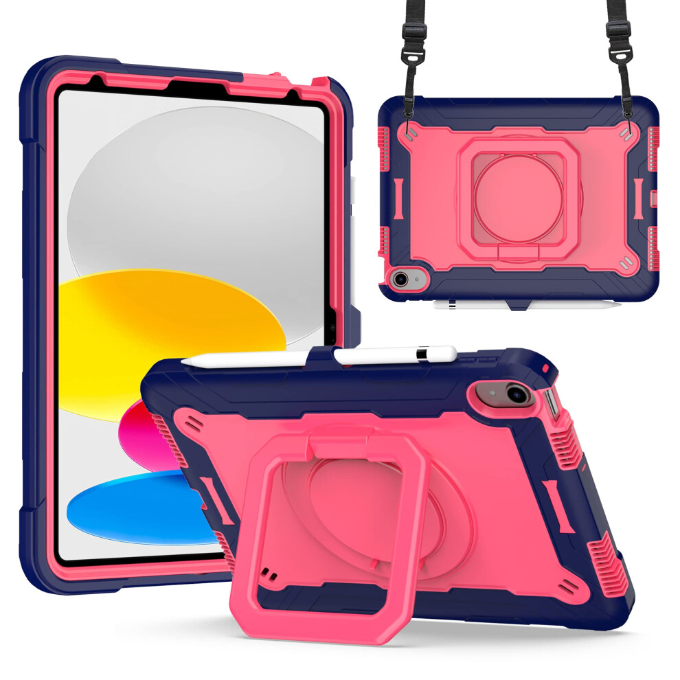 Shockproof Case For Ipad 10Th Generation 10.9 2022 With 360 Rotating Kickstand, Shoulder Strap And Pencil Holder, Navy Rose Blue 9092120344868