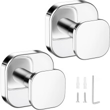 Towel Hooks for Bathroom, Heavy Duty Stainless Steel Wall Mounted Robe Hooks, Chrome Square Design 2 Pack