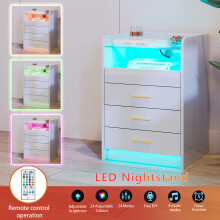 LED Bedside Cabinet with 3 Drawers Wooden Bedside Table w/Charging Station & Glass Desktop for Bedroom Living Room