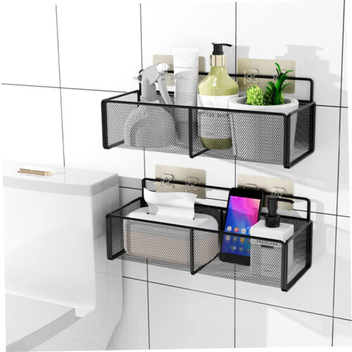 Rustproof Bathroom Wall Shelf Organizer with Hooks for Kitchen or Bathroom Storage Rack Black 1