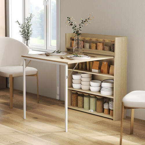 Homcom HOMCOM Folding Dining Table, Kitchen Table with Shelves Oak Wood Effect