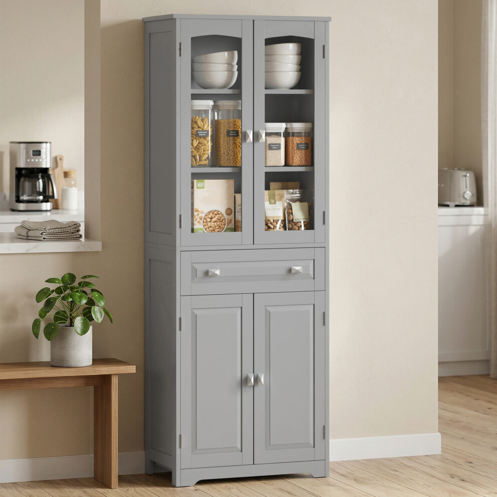 Homcom Kitchen Cupboard Storage Cabinet Adjustable Shelves, Glass Door, Grey 5063603175785