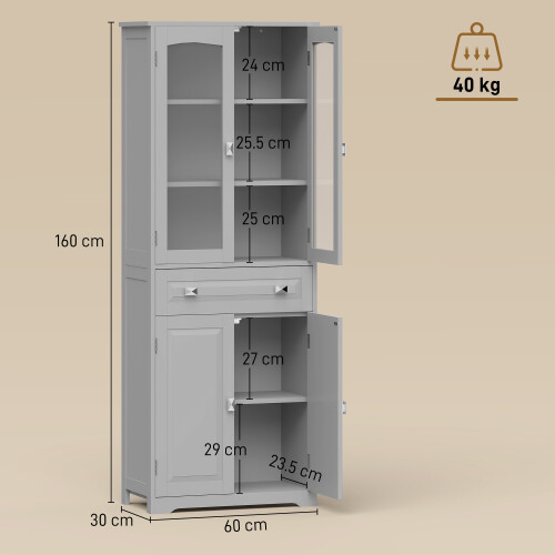 Homcom HOMCOM Kitchen Cupboard Storage Cabinet Adjustable Shelves, Glass Door, Grey 2