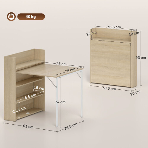 Homcom HOMCOM Folding Dining Table, Kitchen Table with Shelves Oak Wood Effect 2