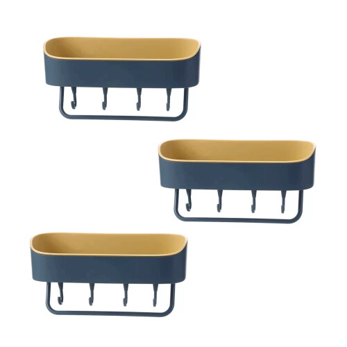Bathroom Wall Shelf Set, Yellow Plastic Storage Rack with Hooks, SpaceSaving NonDrilling Design