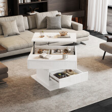 White 360° Rotating Lift-Top Coffee Table with Hidden Storage & High-Gloss Finish
