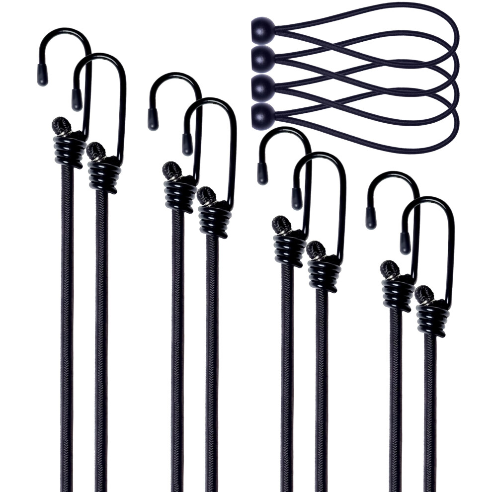 Black Bungee Cord Set With Hooks 8Pcs + 4 Ball Cords, Elastic Durable For Camping And Cargo 9092120345940