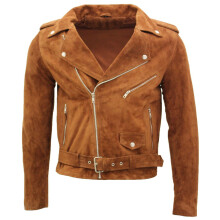 (Tan, XL) Men's Brown Suede Biker Jacket
