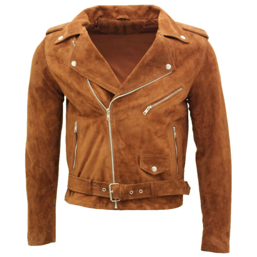(Tan, XL) Men's Brown Suede Biker Jacket
