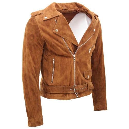 (Tan, XL) Men's Brown Suede Biker Jacket 2