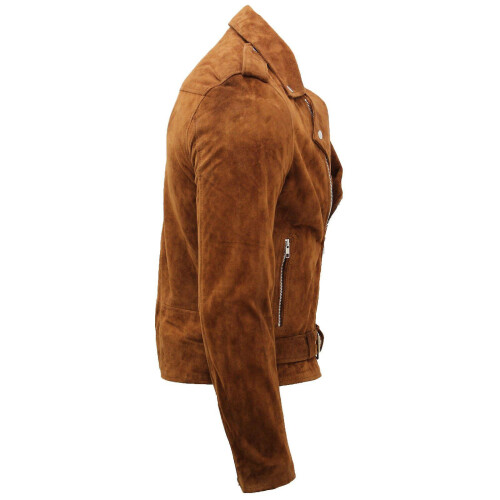 (Tan, S) Men's Brown Suede Biker Jacket 1