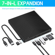 External CD DVD Drive with 4 USB Port Hub and 2 SD/TF Card Reader, USB-C CD/DVD-ROM +/-RW Disk Drive Adapter Writer for Laptop PC Mac Windows Linux OS