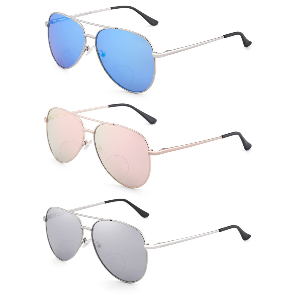 Pink/Blue Bifocal Reading Sunglasses +2.50, Aviator Sun Readers Mirrored Uv400, 3 Pack For Men And Women