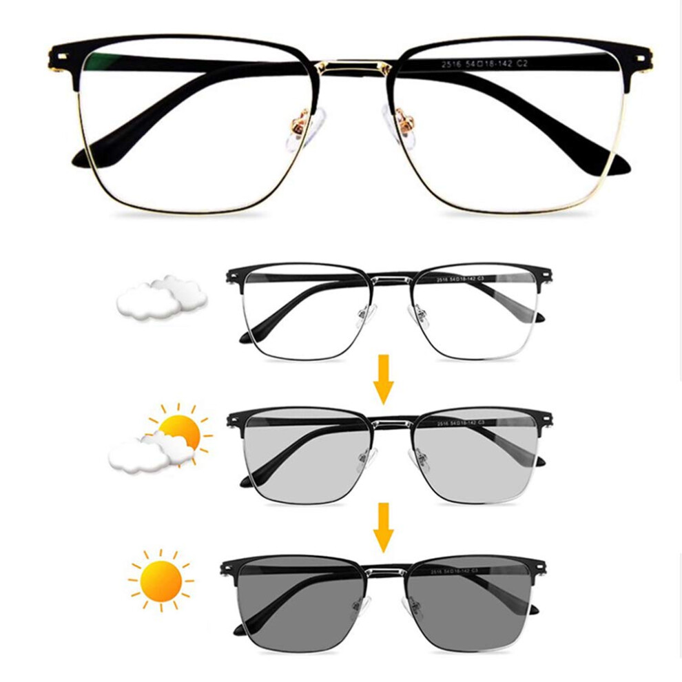 Men's Progressive Reading Glasses Photochromic Multifocus Metal Frame UV400 Protection for Outdoor Use