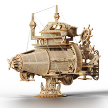 Wooden 3D Puzzle Steampunk Flyship Model Kit for Adults, NoGlue Assembly with Movable Tail and Display Base