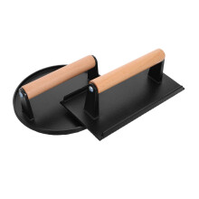 2pcs Heavy Duty Cast Iron Burger Press Set with Ergonomic Wood Handle, Round and Rectangle Smasher for Grill BBQ