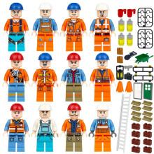 12 PCS Construction Worker Building Blocks with Ladder & Brick Accessories Role Play Toys Gift for Boys & Girls