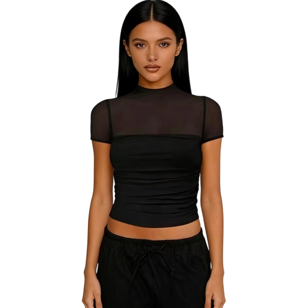 Stylish Polyester Mesh Blouse With Elegant Semi Mock-Black XXL