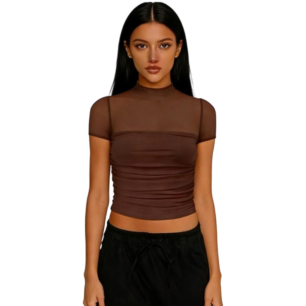 Elegant Mesh Short Sleeve Top Semi Mock Neck-dark brown XL