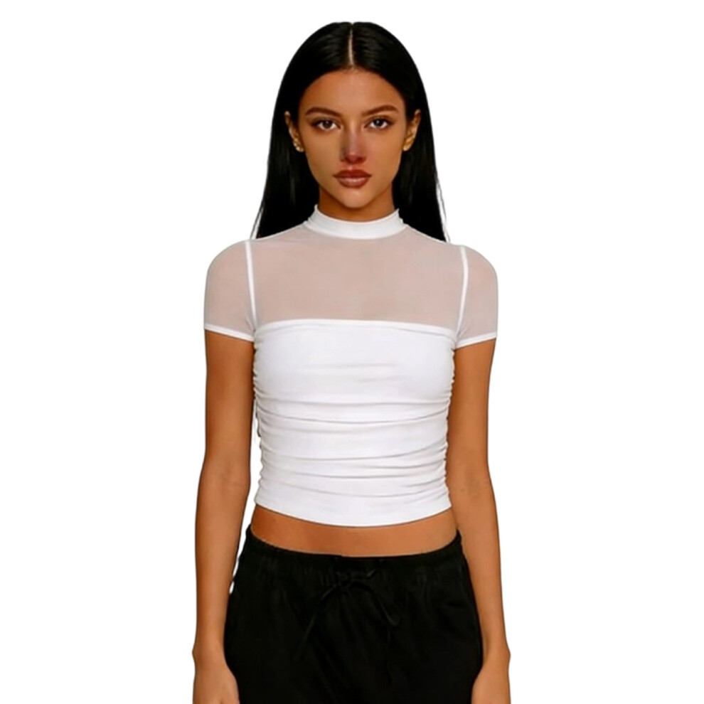 Elegant Mesh Top For Women Semi Mock Neck And-White M