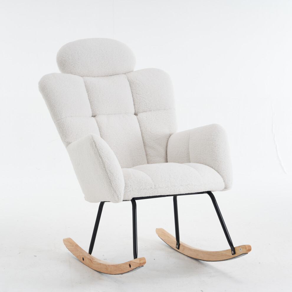 Teddy Fabric Rocking Chair - Ergonomic Nursing Glider For Nursery & Bedroom - With Wooden Base White